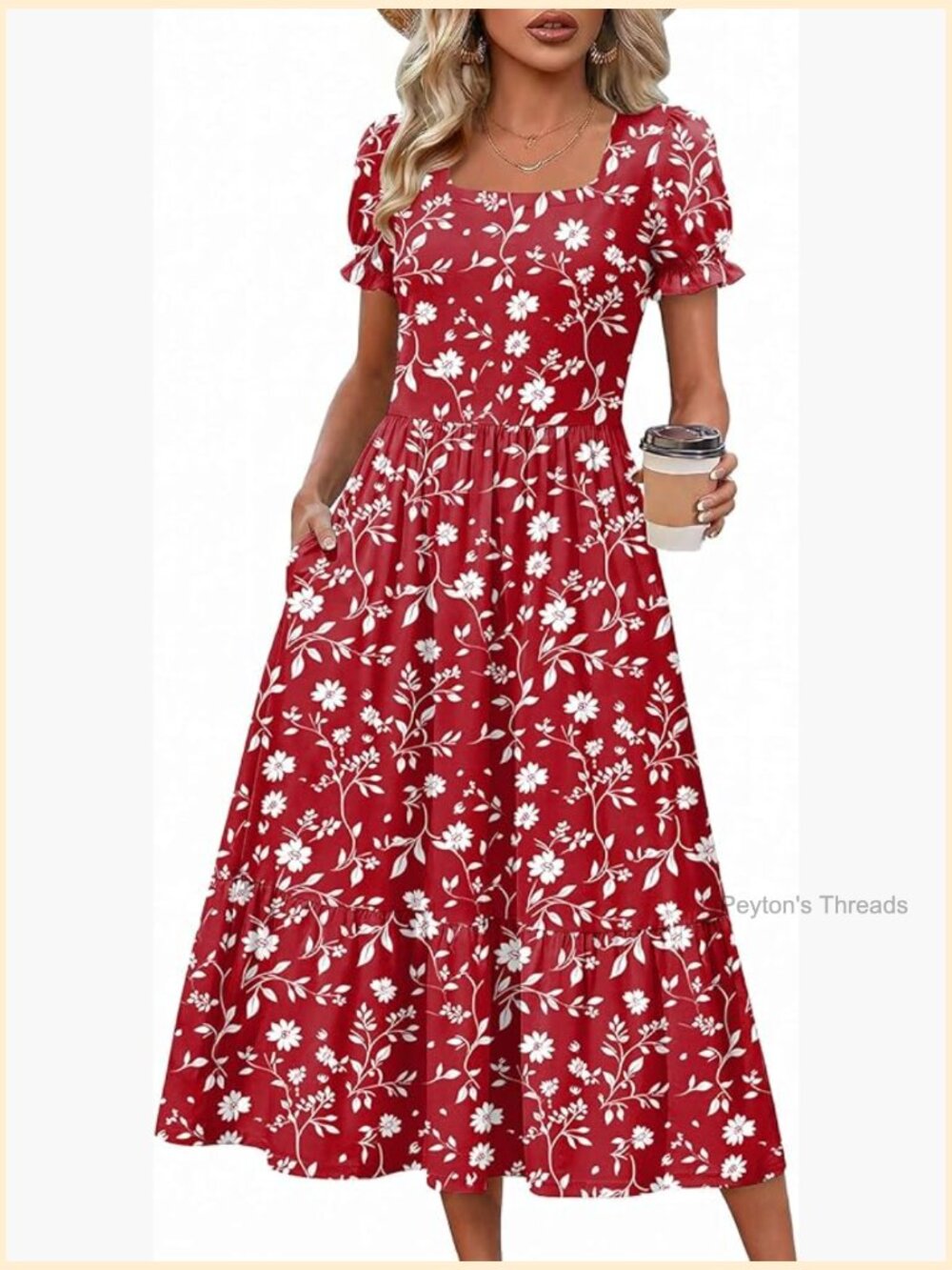 Flowy Casual Midi Dress with Pockets Short Sleeve Tiered Sundress